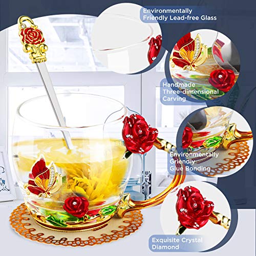 WD&CD Rose Butterfly Glass Tea Coffee Mug Set with Spoon & Coaster - Red Short