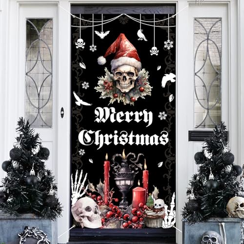 Gothic Christmas Door Cover Banner - Merry Christmas Skull Holiday Decor