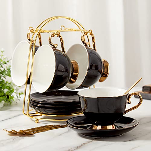 Black Luxury Tea Cups and Saucers Set of 4 with Gold Trim and Metal Stand - DUJUST