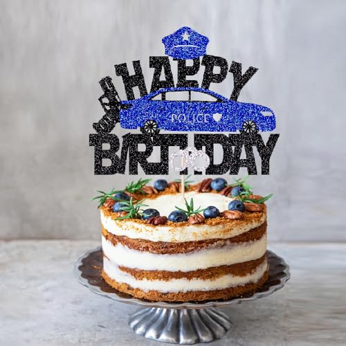 Black Glitter Police Car & Officer Cake Topper - Kids Birthday Party
