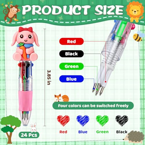 24 Multicolor Animal Pen Set for Kids - 4-in-1 Ballpoint Pens with Removable Animal Caps