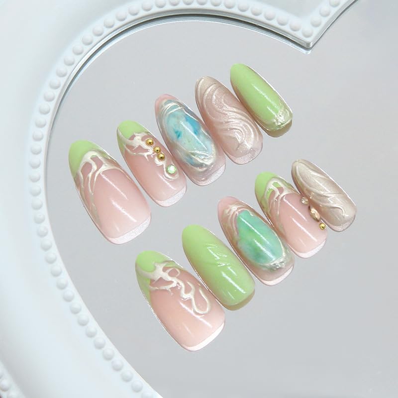 Light Green Press on Nails Medium Almond 3D Gilding Acrylic False Nails