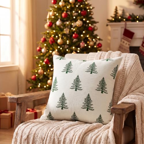 Beige & Green Chenille Christmas Pillow Covers 18x18 Inch Set of 2 - Festive Holiday Decor