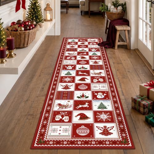 Christmas Runner Rug 2'6"x8' - Red White Patchwork Holiday Decor