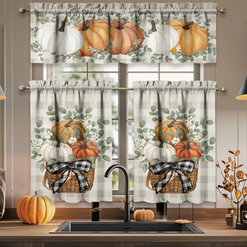Pumpkin Eucalyptus Farmhouse Kitchen Curtain Set 3-Piece 53"W x 54"L Orange