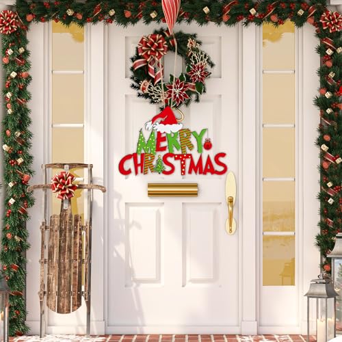 Christmas Front Door Sign Merry Christmas Wood Hanging Decor Red Green Holiday Wall Sign