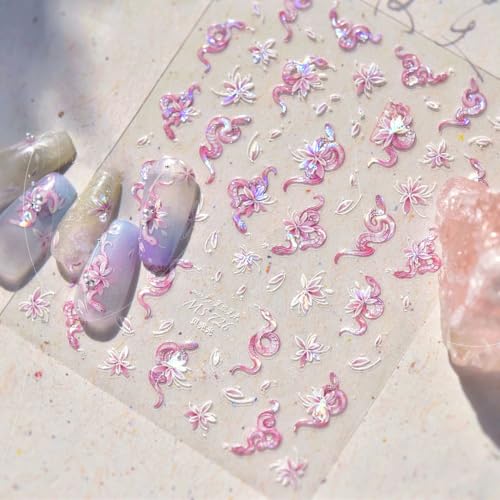 HORVEEN Holographic Floral Snake Nail Art Stickers Pink and White Decals