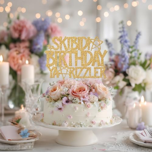Skibidi Birthday Ya Rizzler Cake Topper Gold Glitter Party Decoration