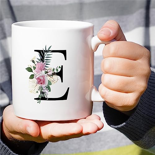 Initial E Monogram Mug - Floral Botanical Alphabet 11 Oz Ceramic Tea Coffee Cup - White Variation