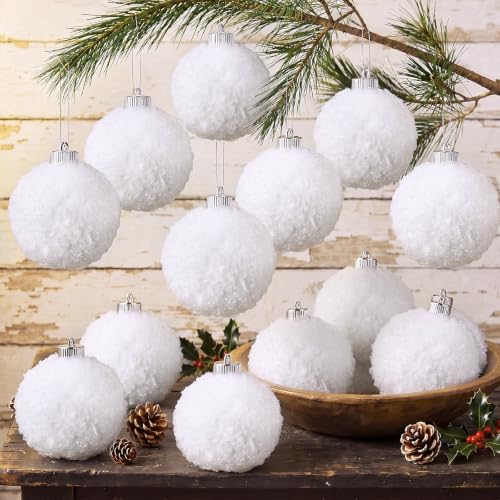 24 Pcs 4 Inch White Plastic Furry Christmas Ornaments Balls - Holiday Decor