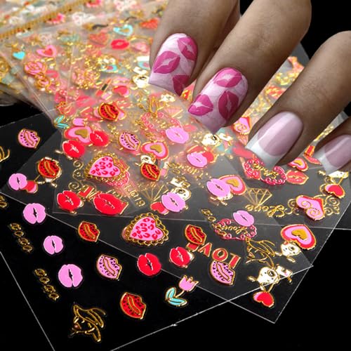 Valentine's Day 3D Gold Nail Decals - Lips & Hearts Self-Adhesive Art 30 Pcs