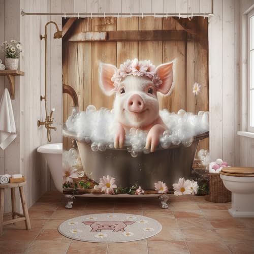 Funny Pink Pig Shower Curtain, 70x70 Inches - Farmhouse Decor