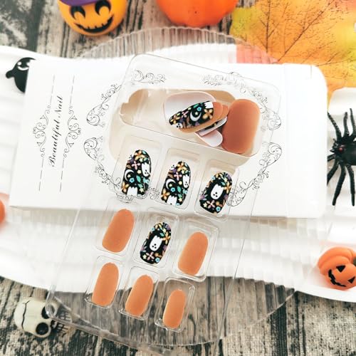 Halloween Press on Nails Short Oval Matte False Nails with Ghost Pattern