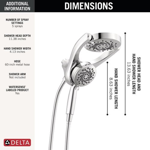Delta 5-Setting HydroRain 2-in-1 Dual Shower Head with ProClean Spray, Chrome High Pressure Shower Head with Handheld Spray, 1.75 GPM Flow Rate, Chrome 75419