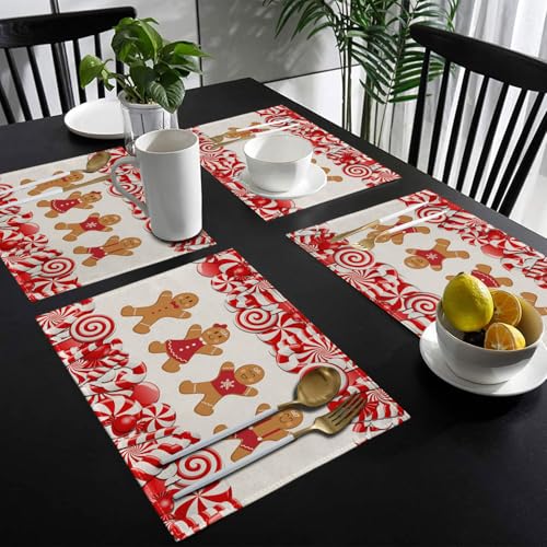 Ansouyi Christmas Gingerbread & Candy Cane Placemats Set of 6 - Heat Resistant Linen Table Mats 12x18 Inches - Gingerbread / 6PCS