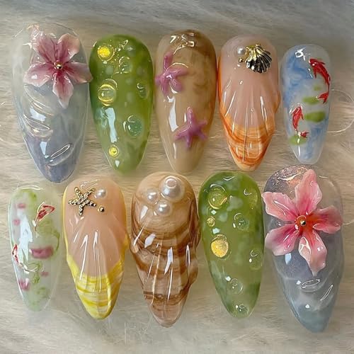 BUNLVDI Handmade Press on Nails Medium Almond 3D Floral Ocean Design