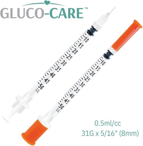 GLUCO-CARE 31G x 5/16’’ Syringes - 0.5 ml/cc for Precision Insulin Delivery, 100/Box