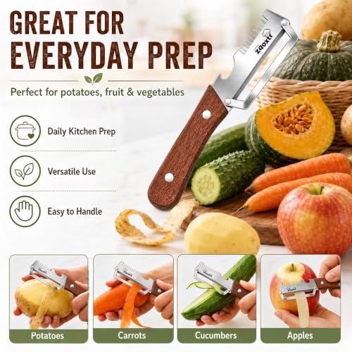 3-in-1 Vegetable Peeler Set (Pack of 2) - Stainless Steel & Wooden Handle