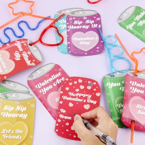 Valentine's Day Cards with Straws - 32 Pack for Kids Gifts