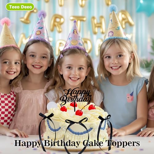 Elegant Black Ribbon Cake Toppers - 6 Pcs Happy Birthday Set