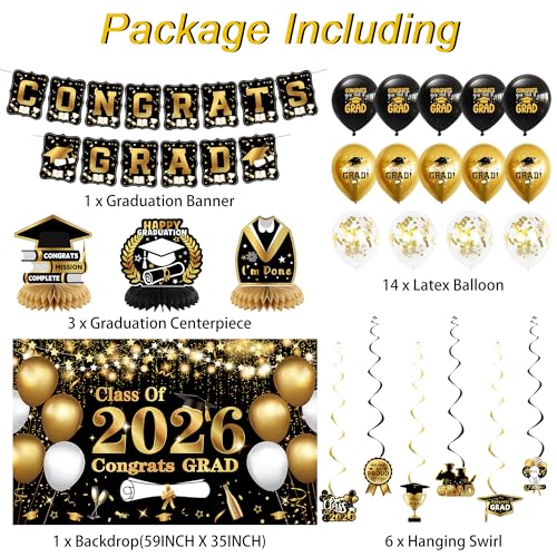 Black and Gold Class of 2026 Graduation Party Decorations Set (25 Pieces)