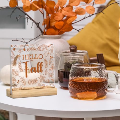 Fall Acrylic Sign with Wooden Base - 4x4 Inch Thanksgiving & Autumn Office Desk Decor