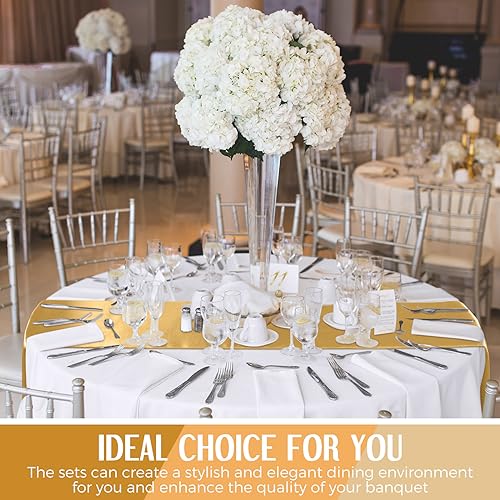 Tudomro White and Gold Round Tablecloth and Satin Runner Set - 8 Pieces, Disposable, 84 Inch