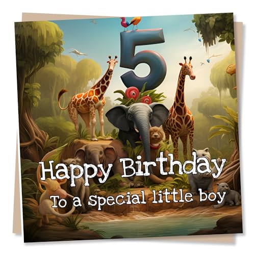 5th Birthday Card for Boy - Jungle Illustration, UK Made