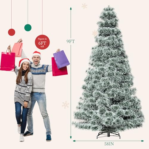 Full-Green & White 8ft 10in Pre-Lit Snow Flocked Artificial Christmas Tree with 700 Tips, Warm Incandescent Lights & Foldable Metal Base