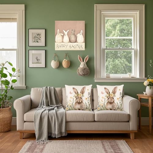 Yellow Easter Pillow Covers Set of 2 18x18 Inches Bunny Spring Decor for Couch & Bed