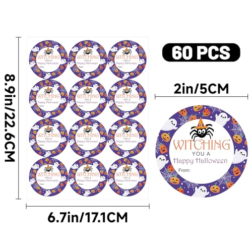 60PCS Halloween Stickers - 2 Inch Pumpkin Ghost Spider Labels