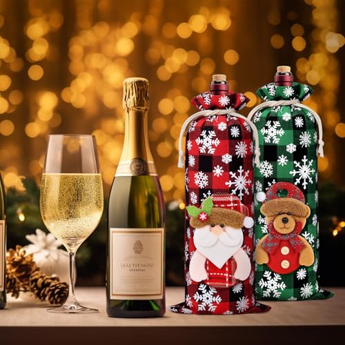 Christmas Wine Gift Bags - Buffalo Plaid Red & Green with 3D Dolls, 8 Pack