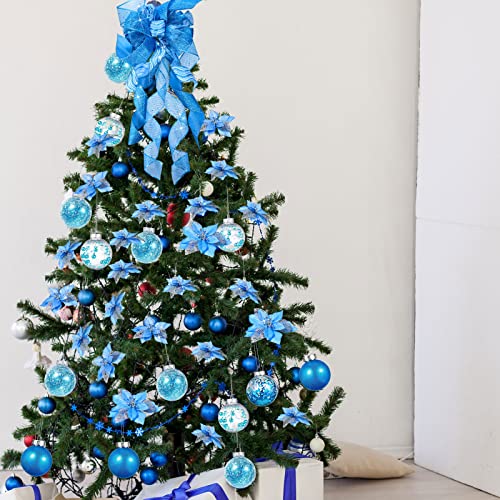 Blue Christmas Tree Decoration Set with Tree Topper Bow and Ornaments - 49 Pieces