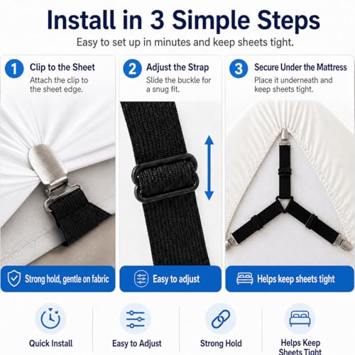 4-Pack Bed Sheet Holders with 3-Point Grip for Secure Fitted Sheets