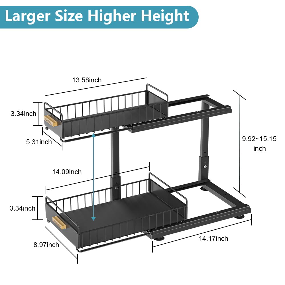Under Sink Organizer Kitchen, 2 Tier Under Sink Organizers and Storage, Pull out Cabinet Organizer Shelf, Metal Drawer for Kitchen Bathroom Pantry Cabinet Closet Organization Rack, Black, 1 Pack