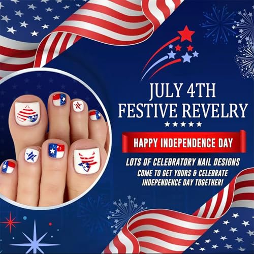 Patriotic Press on Toenails Short Square Red White Blue False Toe Nails