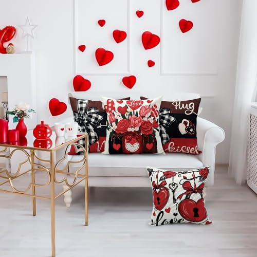 Valentine's Day Throw Pillow Covers 18x18, Buffalo Plaid Set of 4