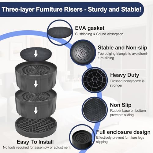 Adjustable Bed Risers - Heavy Duty Furniture Lift Blocks, 4 Pack