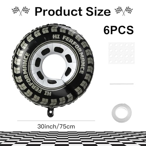 30-Inch Race Car Tire Balloons - 6 Pack Checkered Foil Wheel Decorations