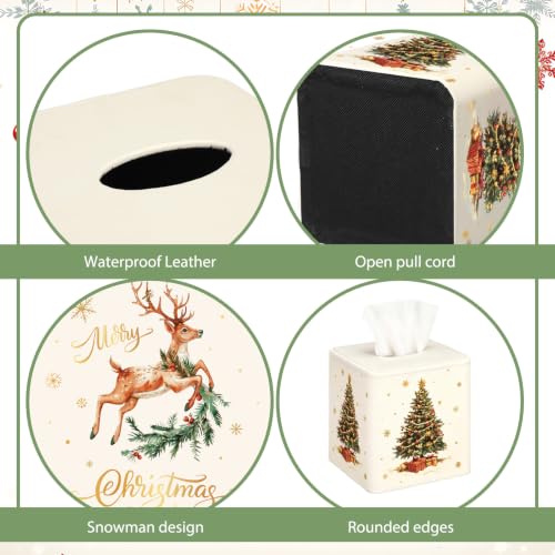 Christmas Tissue Box Cover - Cream Leather Reindeer & Tree Design - 2 Pack