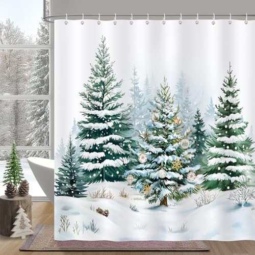 Winter Christmas Shower Curtain 72x72 Inches Pine Tree Snow Scene Festive Decor - Variation of THIS listing