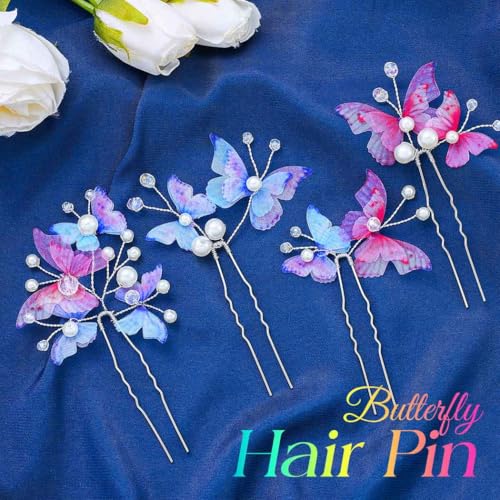 Catery 4PCS Butterfly Hair Pins Pearls Rhinestone Fairy Headpiece