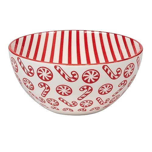Peppermint Candy 13oz Porcelain Bowls, Set of 6 ? Festive Red & White Christmas All Purpose Snack, Dessert & Cereal Bowls with Cheerful Holiday Prints