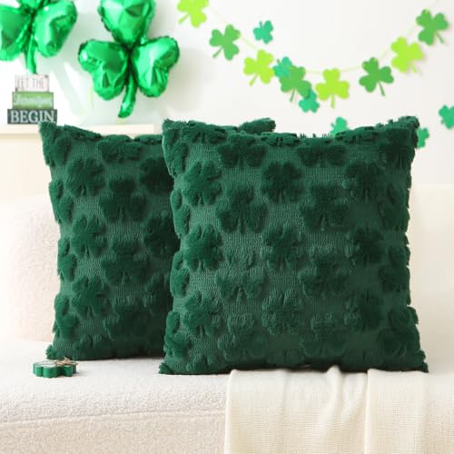 Set of 2 St. Patrick's Day Shamrock Pillow Covers - 18x18 Inch Dark Green Faux Fur