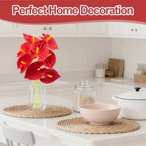 RAINFLOW 8-Piece Artificial Anthurium Flowers, 12.7-inch Faux Tropical Stems
