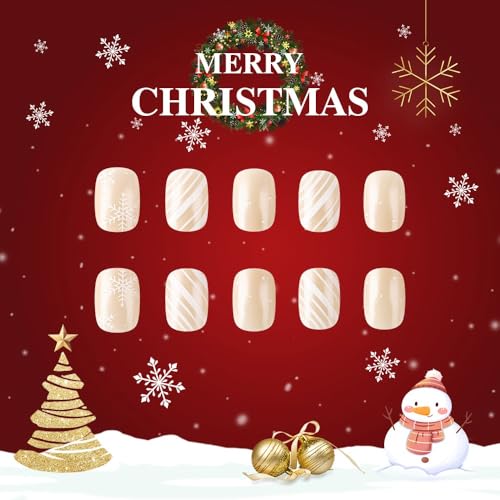 Christmas Short Square Press on Nails Winter Snowflake False Nails 24Pcs