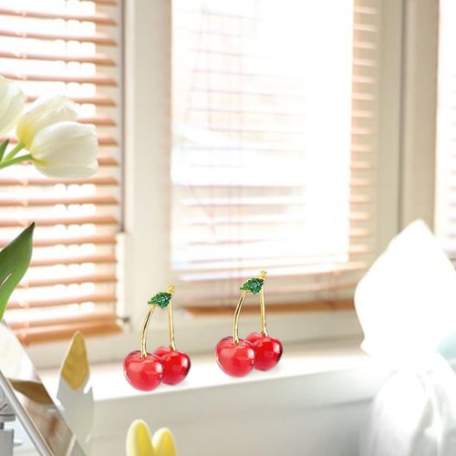 DICOSMETIC Glass Cherry Figurines - 2Pcs Red Crystal Fruit Ornaments for Home & Office Decor