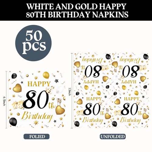 50-Pack 80th Birthday Paper Napkins - White & Gold Elegant Design