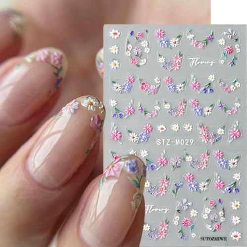 KAICCOSO 3D Embossed Floral Nail Art Stickers Daisy Spring Decals