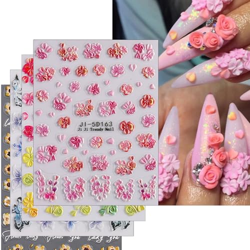 5D Embossed Floral Nail Art Stickers Self-Adhesive Spring Flowers Decals